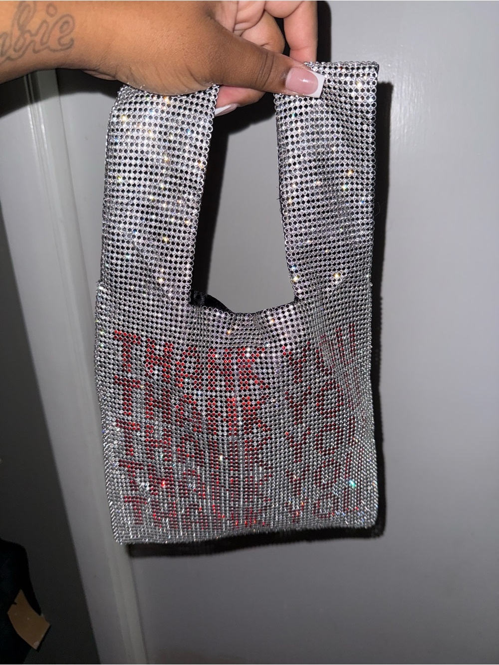 Silver Crystal Embellished Tote Bag - 'Thank You' Accent